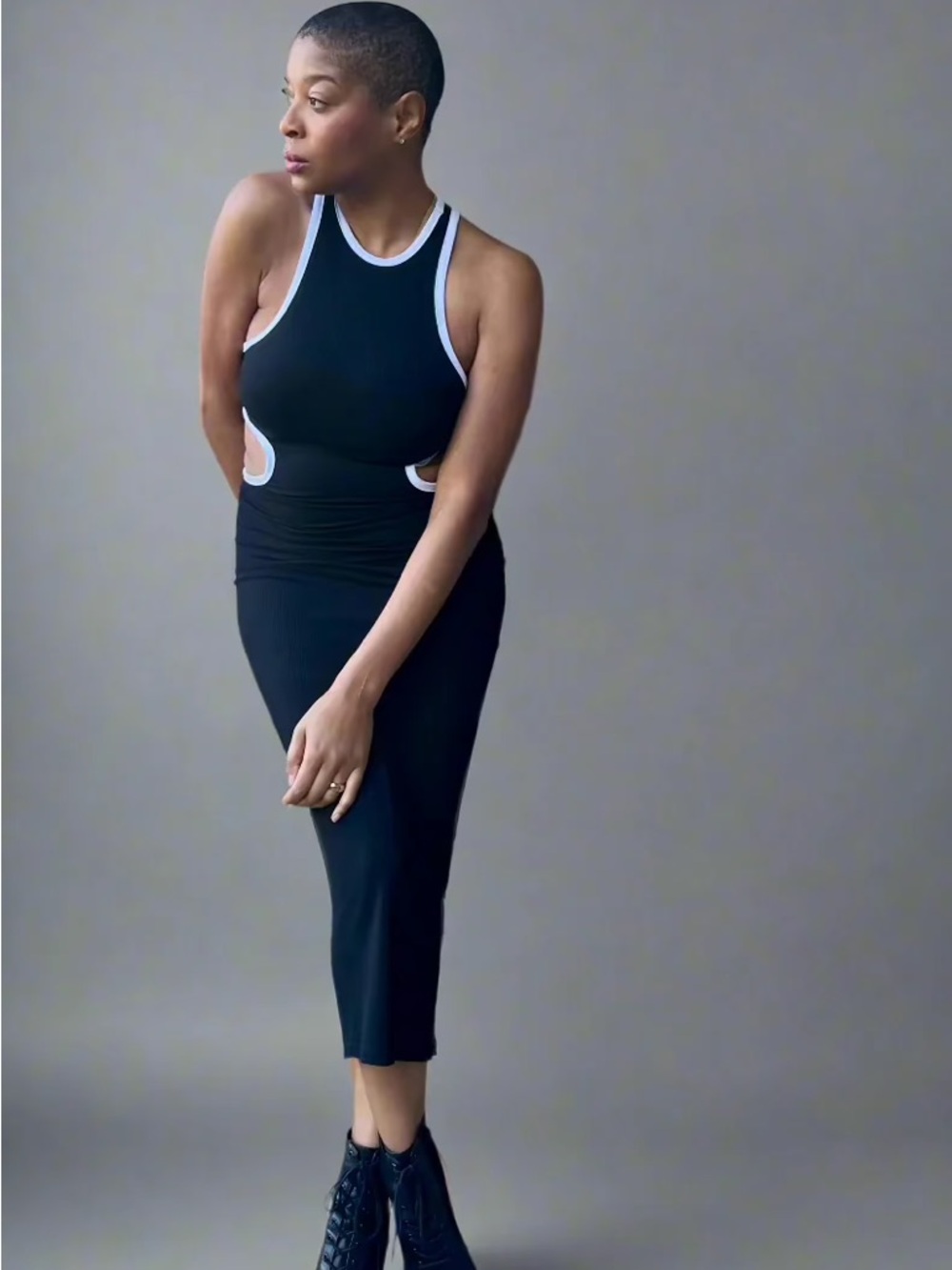 Black Racerback Midi Dress with White Trim